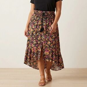 Cynthia Rowley Viscose Floral Button-Down High-Low Smocked Midi Skirt Sz Medium